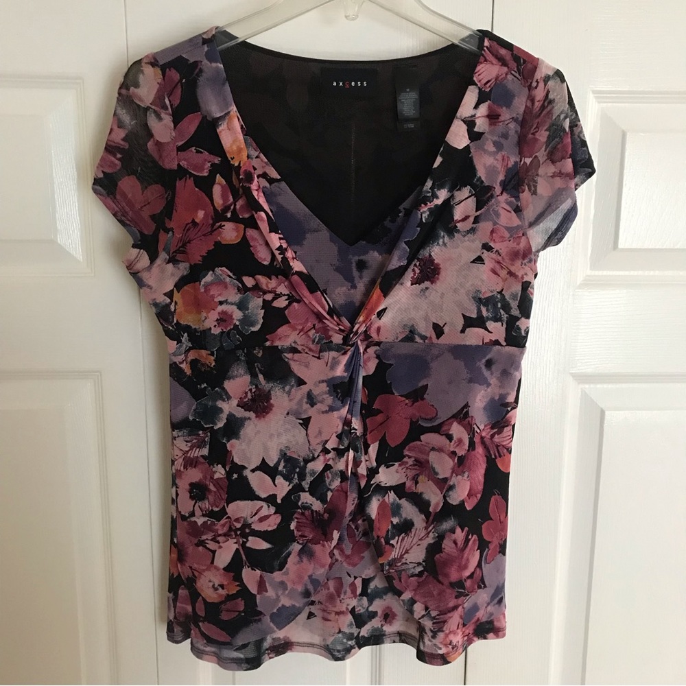 EUC Axcess short sleeve blouse. Purple, pink, and black. Size: M 100% polyester